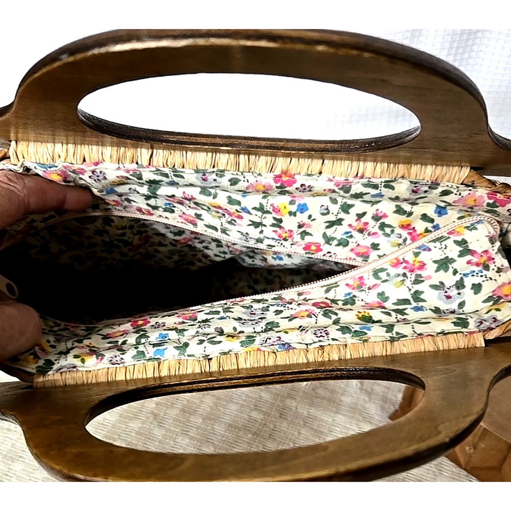 Vtg Cappelli Straworld Picket Fence Purse Wood Handles Rafia Lined Cottage Core - Picture 7 of 13